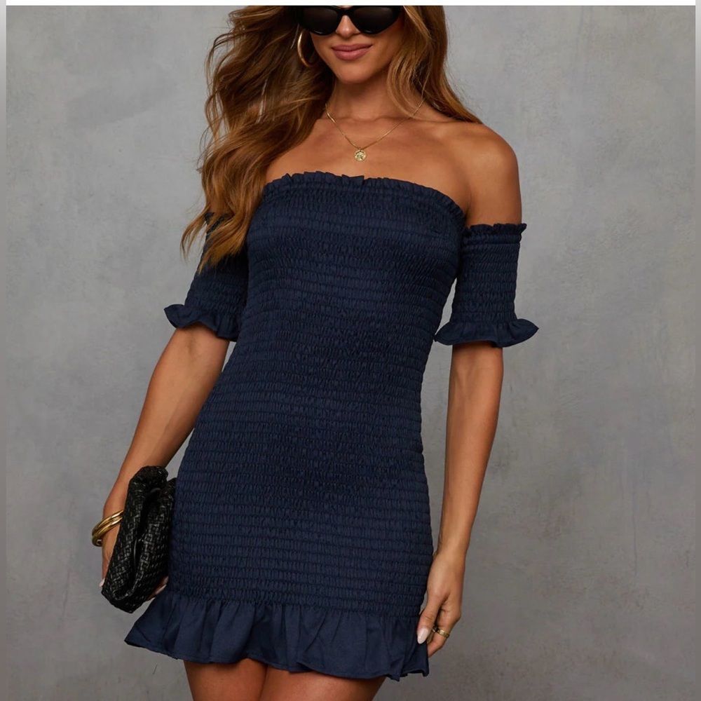 🛍️ DEE ELLY Navy Blue Smocked Off-the-Shoulder Ruffle Hem mini dress Size LARGE